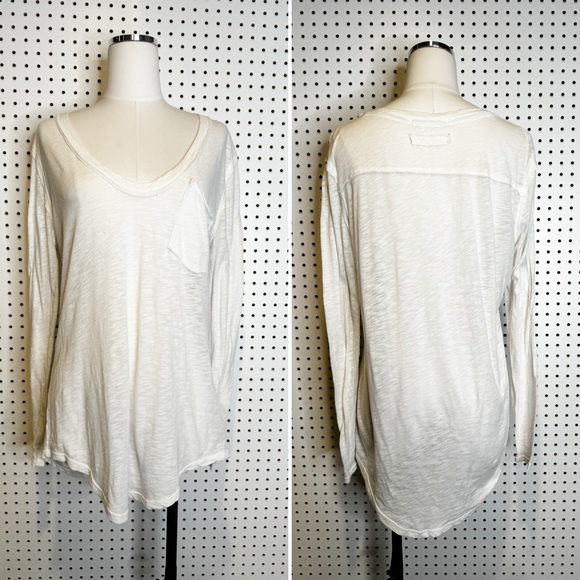 Free People | Long Sleeve White Pocket Tee w/ Scoop Neck, Oversized Fit - Picture 1 of 7
